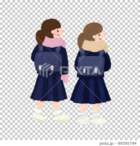 Hand drawn illustration of two students going to school on a cold day Hand drawn illustration of two students going to school on a cold day 99395794