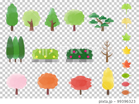 色々な樹木、街路樹と葉のセット3 水彩風 色々な樹木、街路樹と葉のセット3 水彩風 99396323