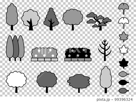 Set of various trees, roadside trees and leaves 4 Monotone 99396324