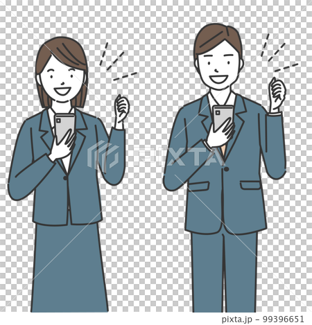 スマートフォンを見てガッツポーズをするスーツ姿の男女 スマートフォンを見てガッツポーズをするスーツ姿の男女 99396651