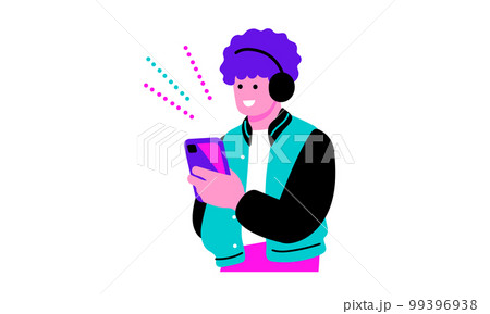 ヘッドフォンをつけて音楽を聞きながらスマホを触る若い男性 99396938
