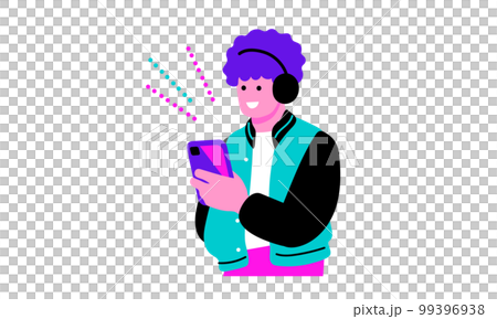 ヘッドフォンをつけて音楽を聞きながらスマホを触る若い男性 99396938