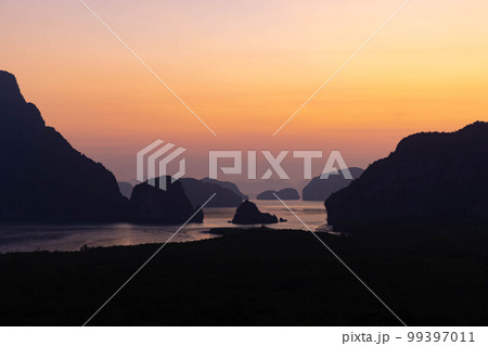 Samet Nangshe viewpoint during the sunrise, popular destination for tourist in Phang nga, southern of Thailand 99397011