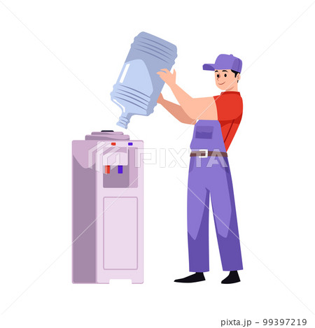 Water deliveryman changing bottle and cleaning a cooler, vector illustration. Water deliveryman changing bottle and cleaning a cooler, vector illustration. 99397219