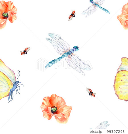 Meadow insects and flowers watercolor seamless pattern on white. Meadow insects and flowers watercolor seamless pattern on white. 99397293