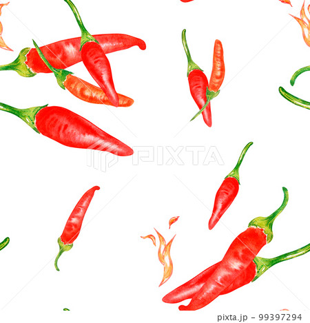 Tabasco hot pepper and flame watercolor seamless pattern isolated on white. Tabasco hot pepper and flame watercolor seamless pattern isolated on white. 99397294