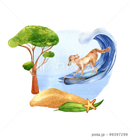 Cartoon dog has surfboarding on wave watercolor illustration isolated on white. Cartoon dog has surfboarding on wave watercolor illustration isolated on white. 99397299