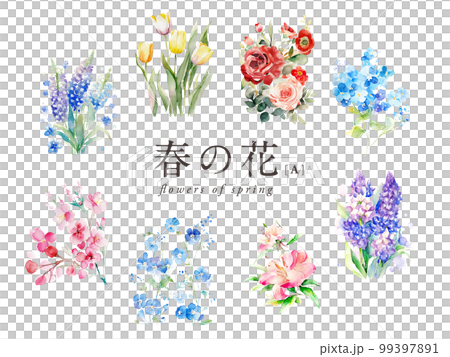 春の花の水彩イラスト8種Aセット／AI画像（チューリップ・桜・ツツジ・ネモフィラ・ヒヤシンスなど） 99397891
