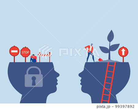 Big head human think growth mindset different fixed mindset concept vector 99397892