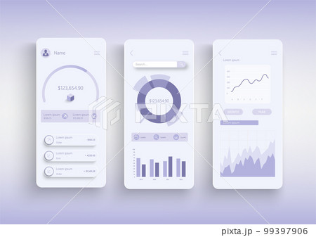 Online banking concept neumorphic templates set. Financial accounting, credit card, payment and bank services. UI, UX, GUI screens for responsive mobile app. Vector design kit in neumorphism style 99397906