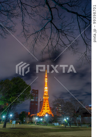 ライトアップされた東京のタワーと高層ビル群の夜景|東京の夜景イメージ|東京都港区 ライトアップされた東京のタワーと高層ビル群の夜景|東京の夜景イメージ|東京都港区 99398701