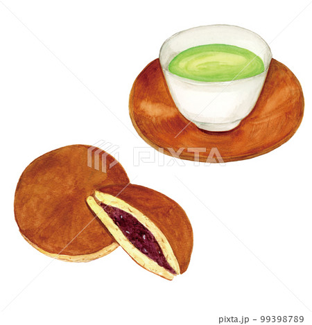 手描き水彩の美味しそうなどら焼きと緑茶のセットイラスト 99398789