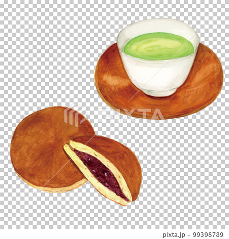 手描き水彩の美味しそうなどら焼きと緑茶のセットイラスト 99398789