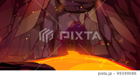 Cave with molten lava and spark game background Cave with molten lava and spark game background 99399086
