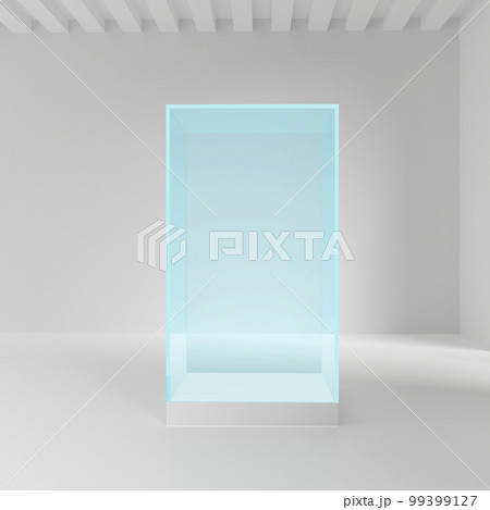 Empty glass showcase in cube shape for presentation on white 99399127
