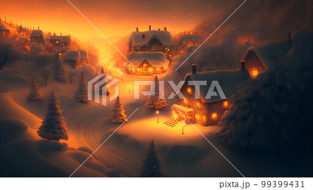 village covered in heavy snow under the light of orange street lights, neural network generated art 99399431
