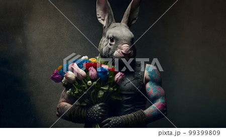 caucasian masculine man with rabbit head holding bouquet of tulip flowers, neural network generated art 99399809