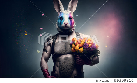 caucasian shirtless masculine man with rabbit head holding bouquet of tulip flowers, neural network generated art 99399810