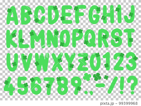 手寫字母和數字 帶有四葉草圖案的綠色字體 手寫字母和數字 帶有四葉草圖案的綠色字體 99399968