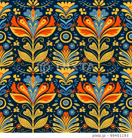 Seamless folk art vector pattern with birds and flowers, Scandinavian or Nordic navy blue repetitive floral design. Retro style navy blue ornament, Scandi endless background perfect for textile design 99401193