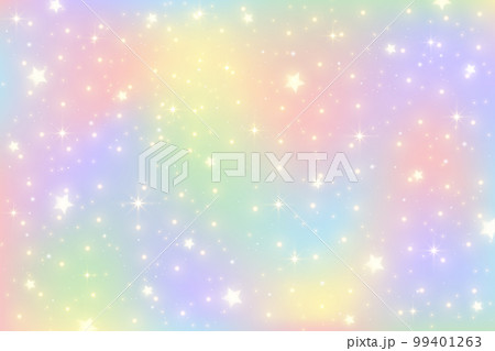 Rainbow unicorn background. Girlie princess sky with stars and sparkles. Gradient holographic fantasy backdrop. Vector abstract iridescent texture. 99401263
