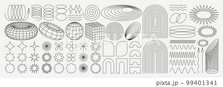 Brutalist abstract geometric shapes and grids. Brutal contemporary figure star oval spiral flower and other primitive elements. Swiss design aesthetic. Bauhaus memphis design. 99401341