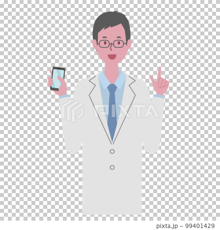 Vector illustration of a man (doctor or researcher) wearing a white coat with a smartphone 99401429