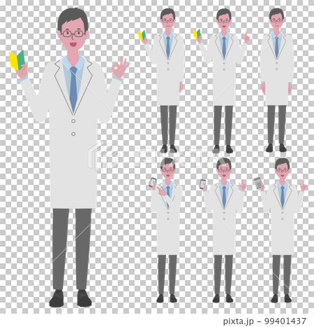 Illustration set of a man (doctor or researcher) wearing a white coat with a beginner's mark, a smartphone, and a calculator 99401437
