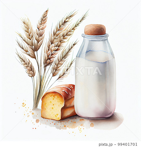牛乳とパンと小麦の穂 水彩画風イラスト「AI生成画像」のイラスト素材