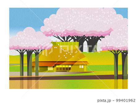 油彩風　桜咲く穏やかな春の山里の風景。 99401962