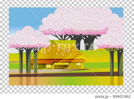 Oil painting style A gentle spring mountain village landscape with cherry blossoms. 99401962