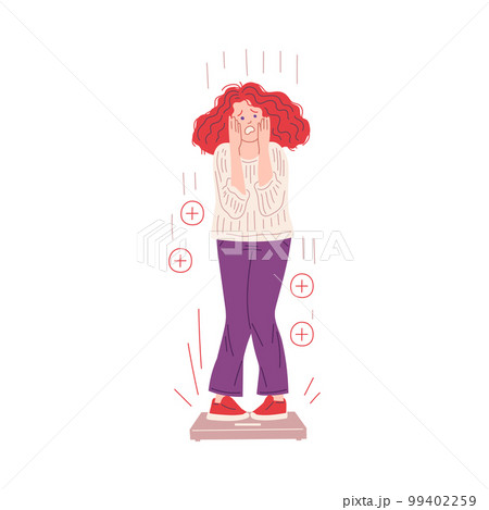Woman feels distressed after weight gain, flat vector illustration isolated on white background. Woman feels distressed after weight gain, flat vector illustration isolated on white background. 99402259