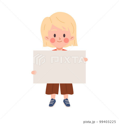 Happy kid holding blank poster or paper, cartoon flat vector illustration isolated on white background. 99403225