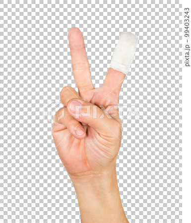 Hand showing the sign of victory with bandage isolated Hand showing the sign of victory with bandage isolated 99403243