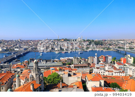 Aerial view of Istanbul, Suleymaniye Mosque and Bosphorus, Turkey. Top view from Galata Tower Aerial view of Istanbul, Suleymaniye Mosque and Bosphorus, Turkey. Top view from Galata Tower 99403419