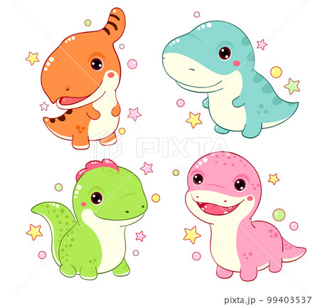 Set of cute dino in kawaii style. Collection of smiling cartoon dinosaurios - tyrannosaurus, saurolophus, diplodocus, velociraptor 99403537