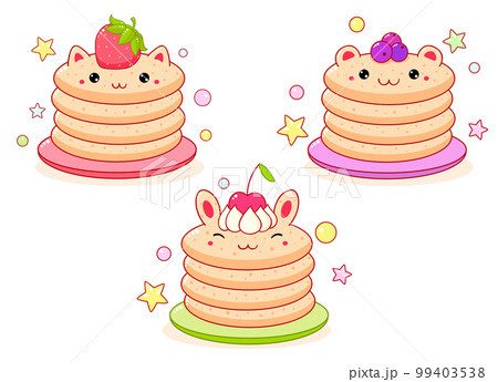 Breakfast time. Set of cute food icons in kawaii style for sweet design. Pancakes with fresh berries.  Stack of animal-shaped pancakes - bunny, cat, bear 99403538