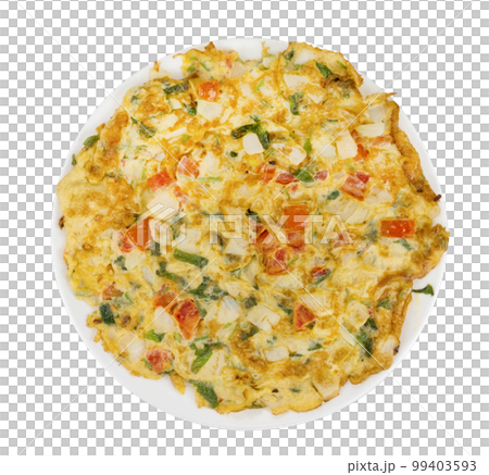 omelet with onion leaves and tomato isolated omelet with onion leaves and tomato isolated 99403593