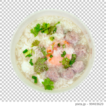 rice porridge with pork meat ball isolated 99403620