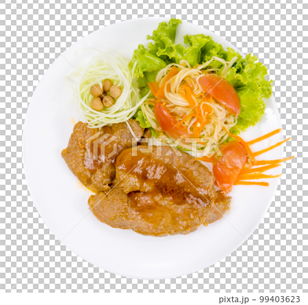 Grilled steak meat with vegetable salad isolated Grilled steak meat with vegetable salad isolated 99403623