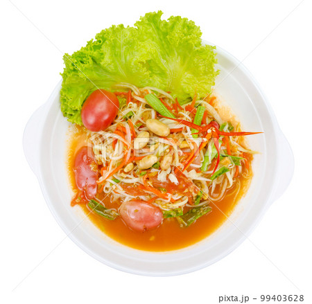 Green papaya mix carrots salad or Som Tum, spicy thai food isolated Green papaya mix carrots salad or Som Tum, spicy thai food isolated 99403628