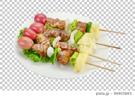 skewer of mixed meat and vegetables isolated 99403665
