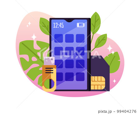 Smartphone with flash drive and sim card, cartoon flat vector illustration isolated on white background. 99404276