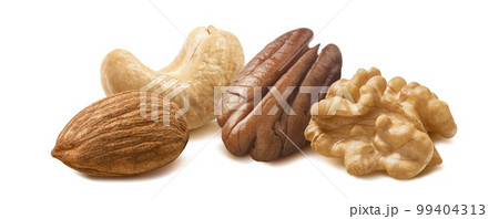 Almond, cashew, pecan, walnut isolated on white background 99404313