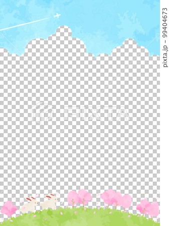 手描きのウサギと桜の風景イラスト 手描きのウサギと桜の風景イラスト 99404673