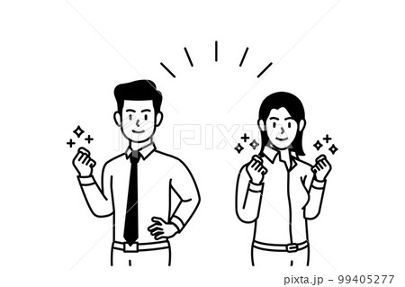 Cartoon illustration of a businessman and business woman clenching their fists in a cheerful and positive attitude 99405277
