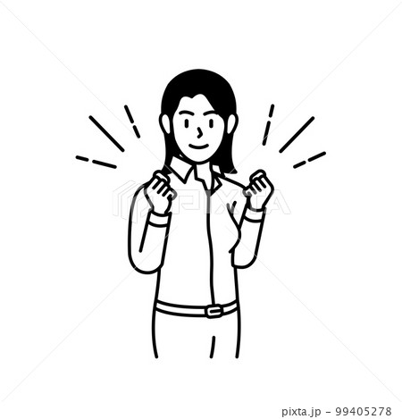 Cartoon illustration of a businesswoman clenching her fists in a cheerful and positive attitude 99405278