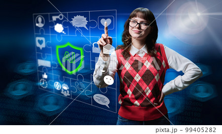 Young female using artificial intelligence for leisure study work. 99405282