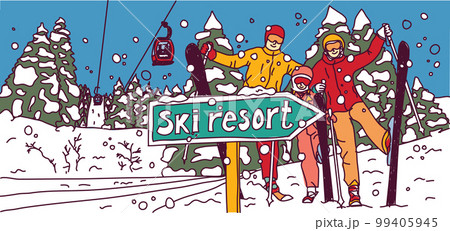 Happy family mountain skiing snow winter resort vacation 99405945