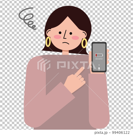 Vector illustration (bust up) of a bob hair woman with a dead smartphone with a troubled face Vector illustration (bust up) of a bob hair woman with a dead smartphone with a troubled face 99406122